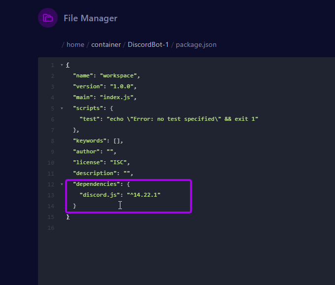Cybrancee Panel, Package.json file, dependencies is highlighted