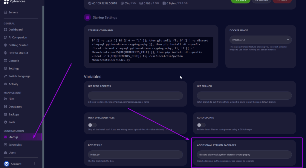 Cybrancee Panel in startup page, ADDIONAL PYTHON PACKAGES is highlighted