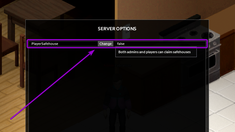 PlayerSafehouse Change button outlined with arrow