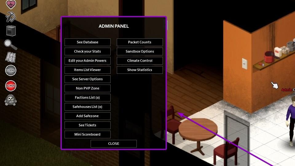 Project Zomboid admin panel interface outlined