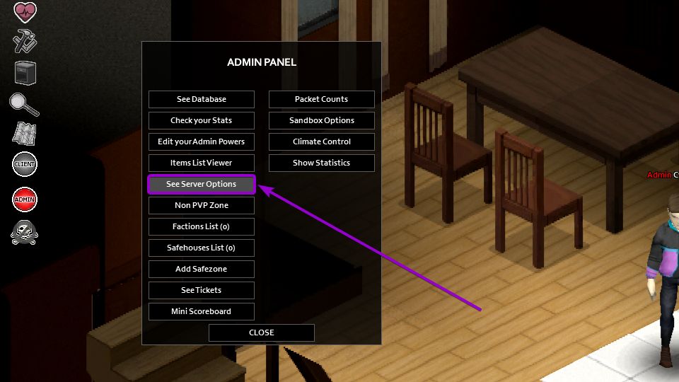 Project Zomboid See Server Options button outlined with arrow