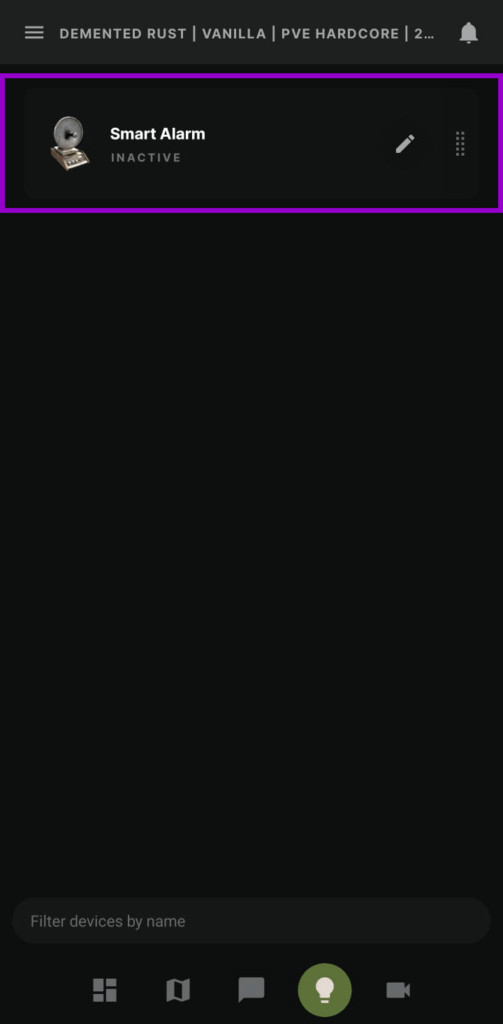 Rust app devices paired feed with smart alarm outlined