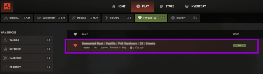 Rust panel showing the list of favourite servers