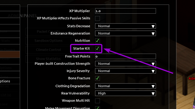 Starterkit checkbox outlined with arrow