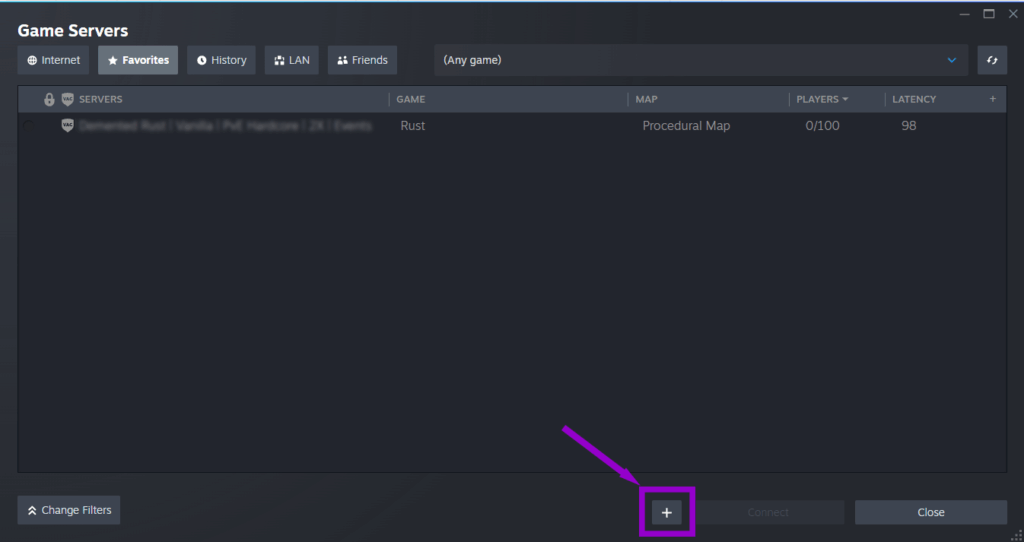 Steam interface button to add a game server