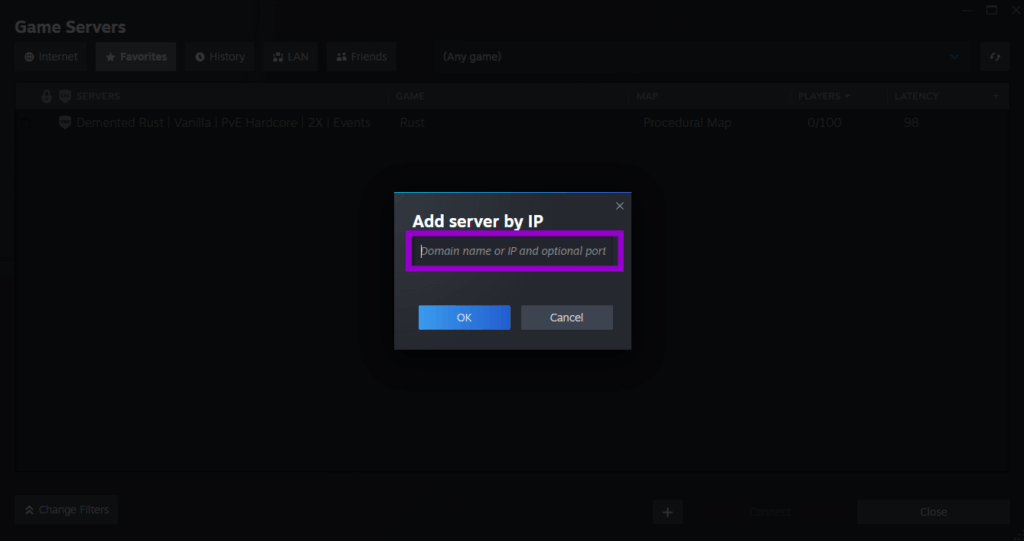 Steam input field to enter server IP and port