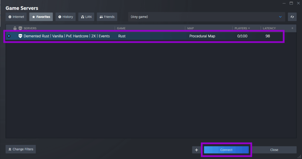 Steam button to connect to the added server