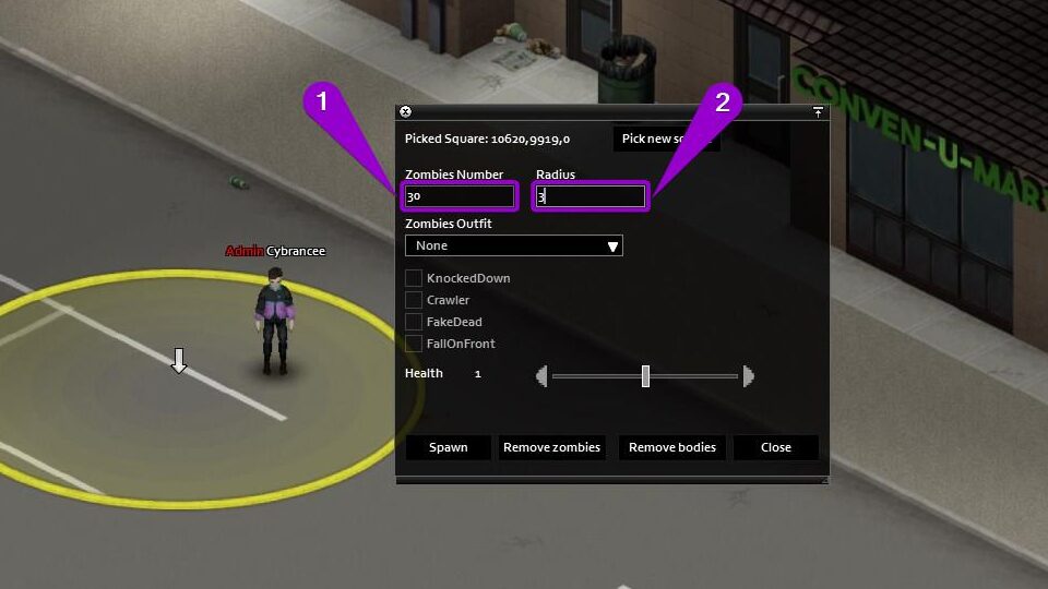Steps to adjust the number of zombies and the radius size of the area where zombies will spawn