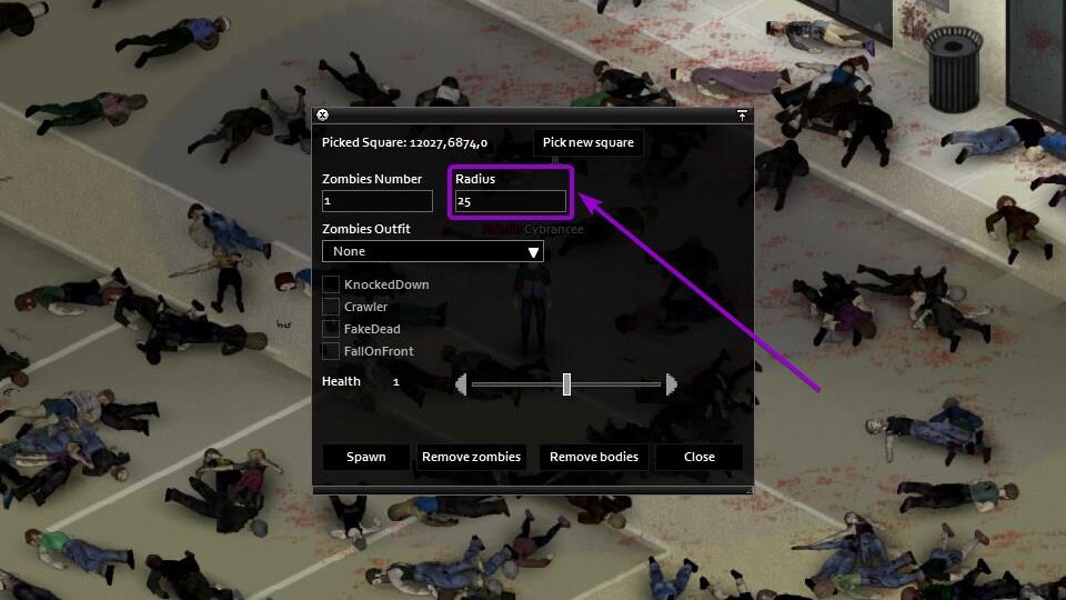 Radius size field outlined with arrow