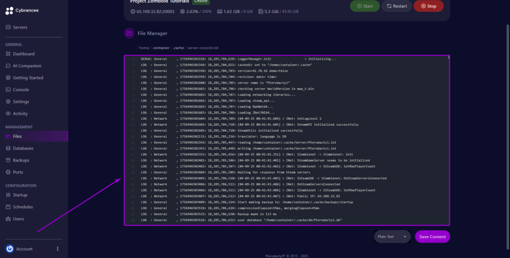 Viewing the server-console.txt file logs