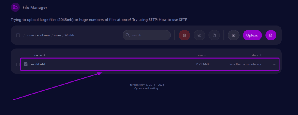 Cybrancee Panel Terraria Files Tab World File Uploaded Outlined
