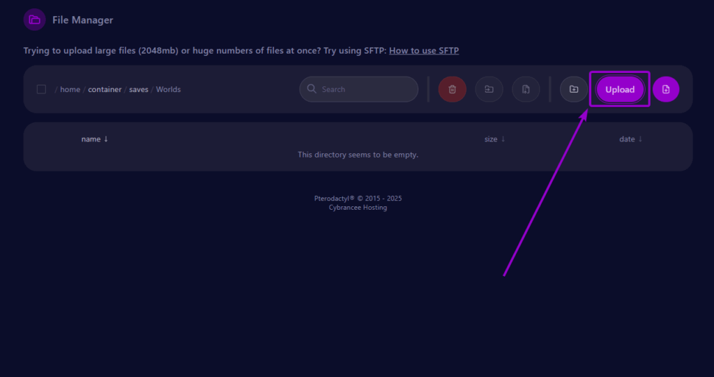 Cybrancee Panel Terraria Files Tab Worlds Folder Upload Button Outlined
