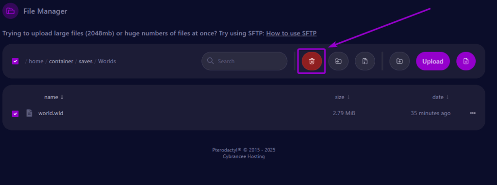 Cybrancee Panel Terraria Files World File Delete Outlined