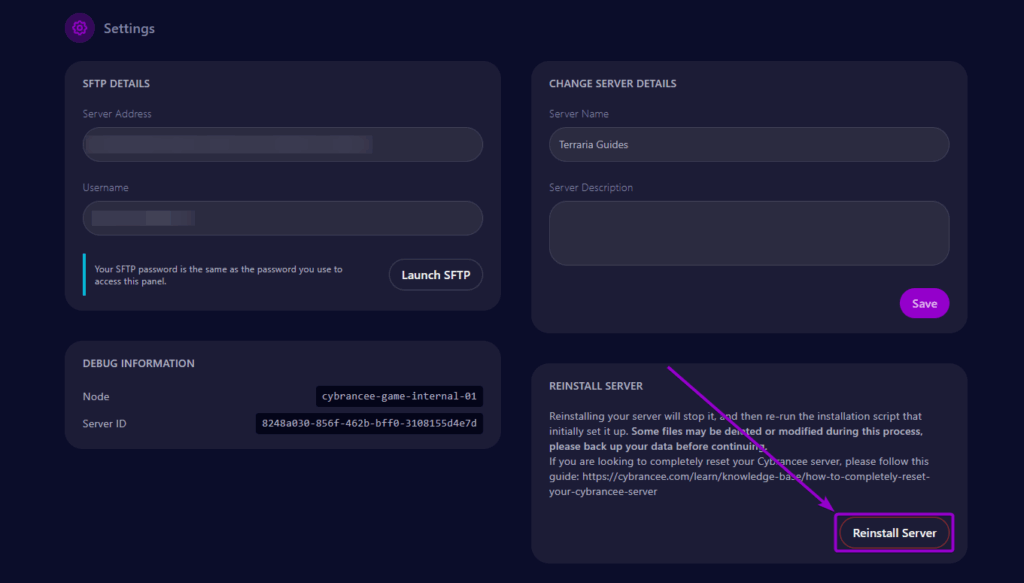 Cybrancee Panel Terraria Server Setings Reinstall Server Outlined