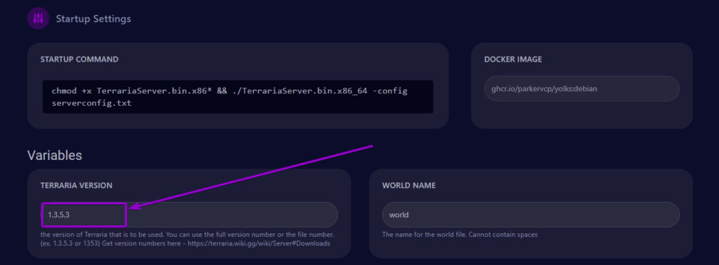 Cybrancee Panel Terraria Server Startup Tab Version Change Field Outlined