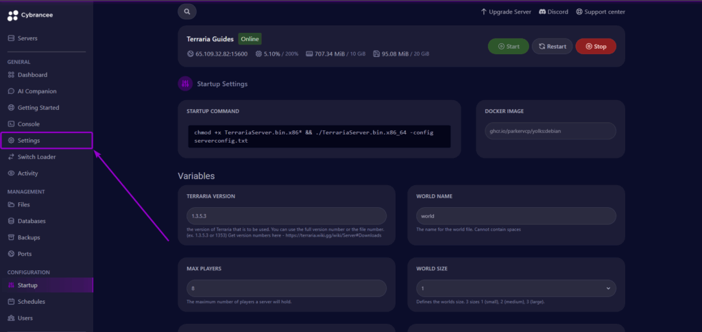 Cybrancee Panel Terraria Settings Tab Outlined