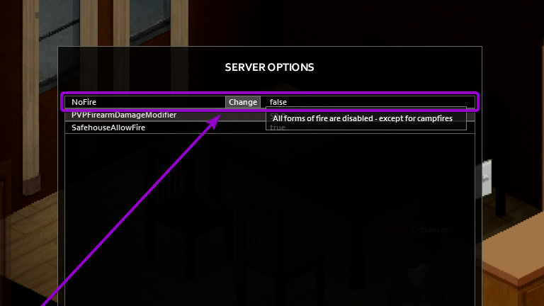 NoFire Change button outlined with arrow