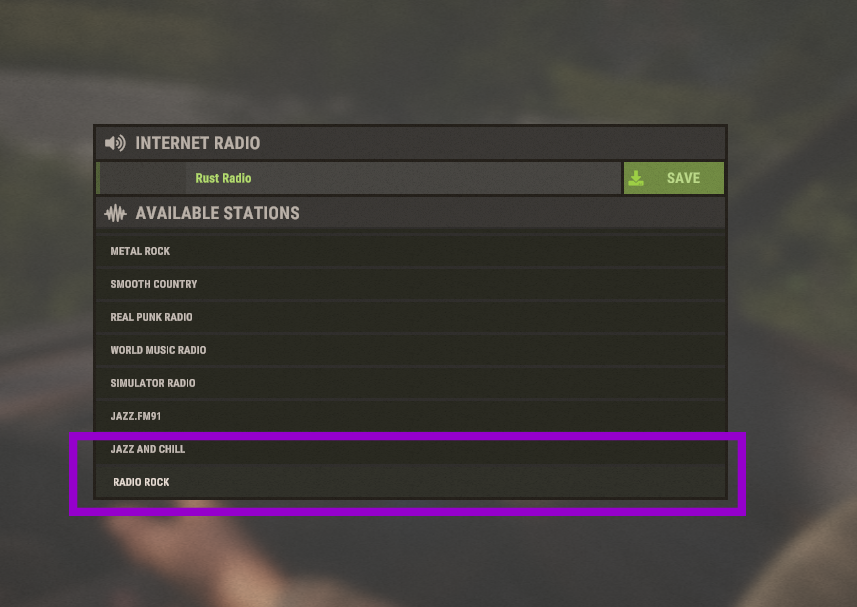 Rust ingame custom radio stations outlined with station list