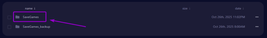 Selecting the SaveGames folder in the Files tab in the panel for Satisfactory