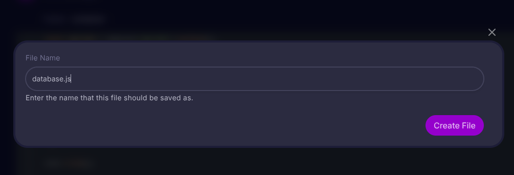 Pterodactyl Panel, Create File dialog. Enter File Name (database.js)