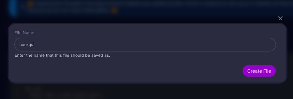 Pterodactyl Panel, Create File dialog. Enter File Name (index.js)
