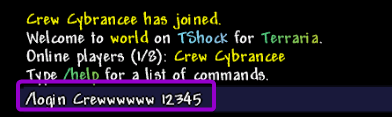 Terraria Server Console Login command Outlined