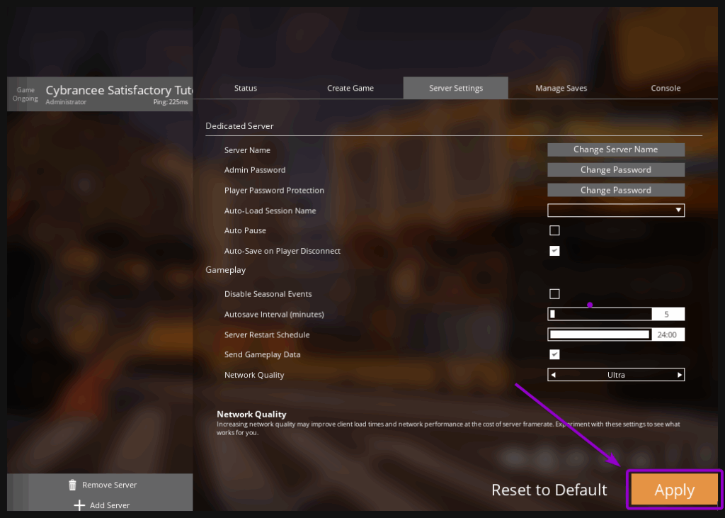 Applying changes to server settings