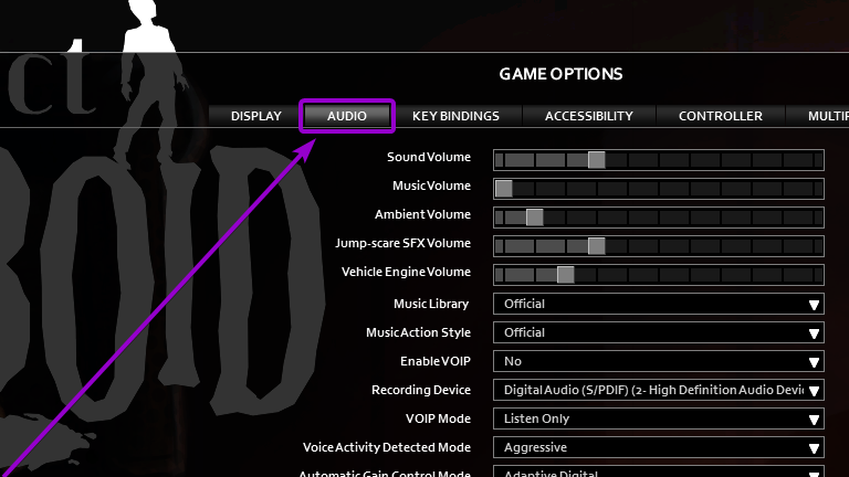 audio section project zomboid game options outlined with arrow