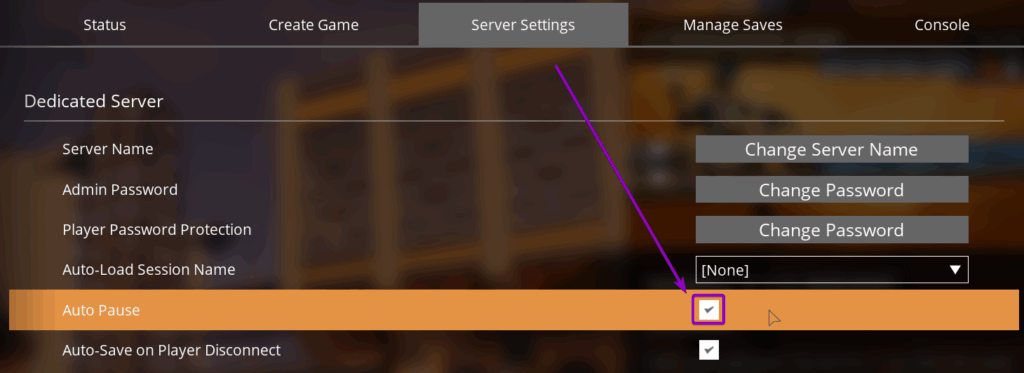 Toggling the Auto Pause option in the Server Settings tab in Satisfactory
