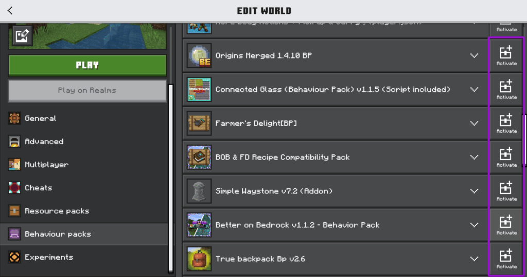 A list of behaviour packs with the Activate button highlighted