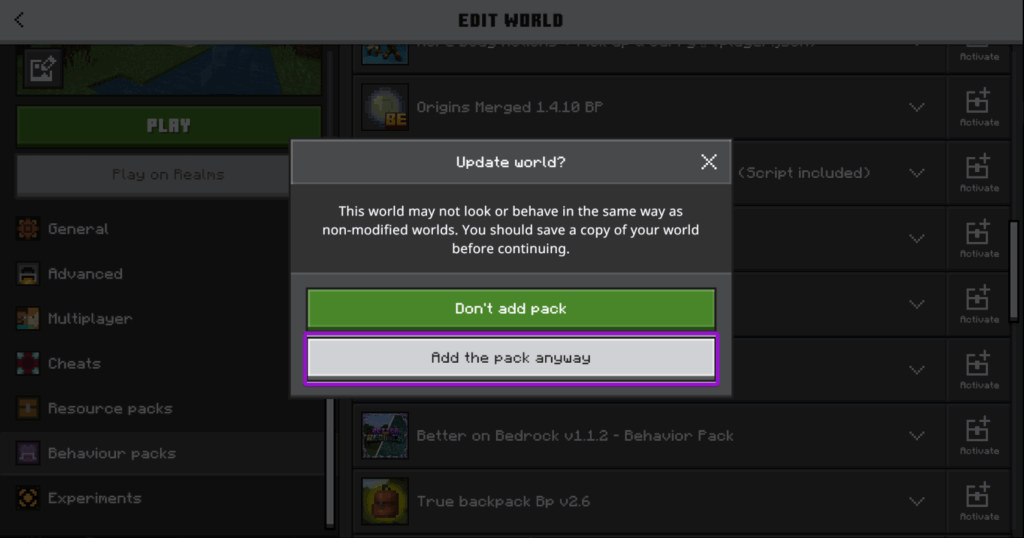 Warning popup with the Add Pack Anyway option highlighted