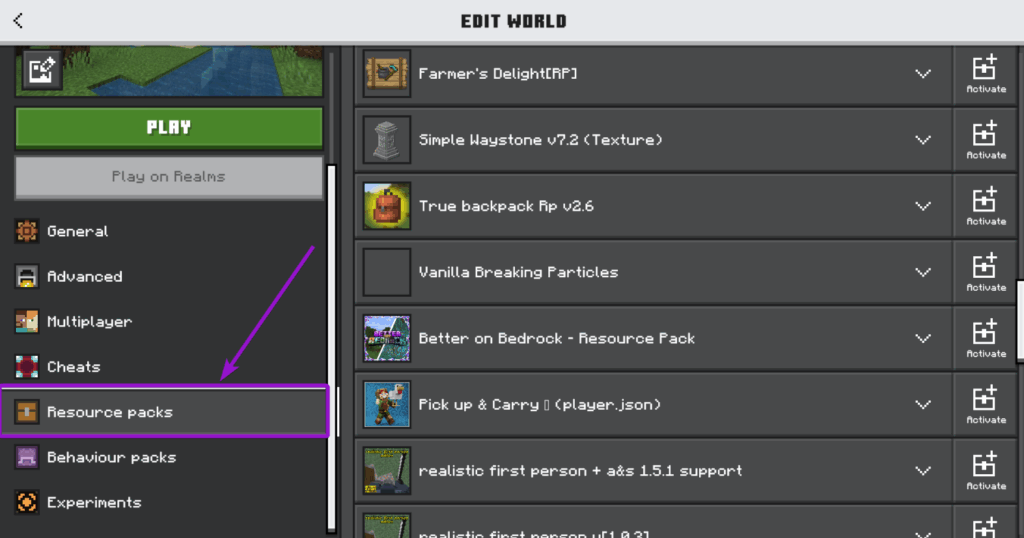 Bedrock interface with the Resource Packs highlighted