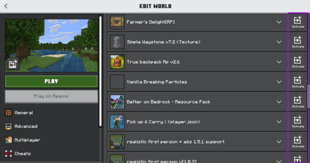 Bedrock interface with the activate button highlighted for resource packs