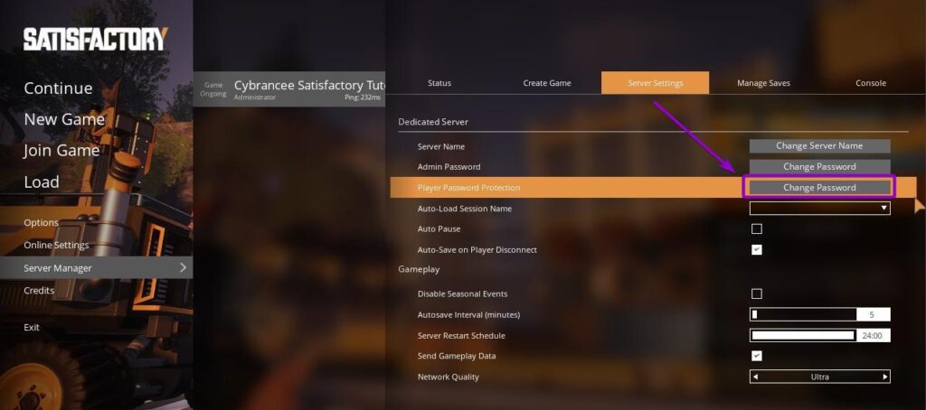 Selecting change password for player password protection