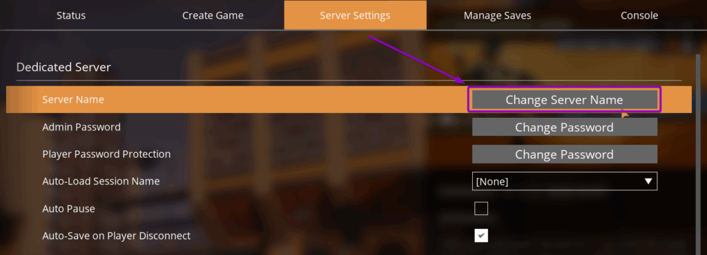 Selecting the Change Server Name option in the Server Settings tab in Satisfactory