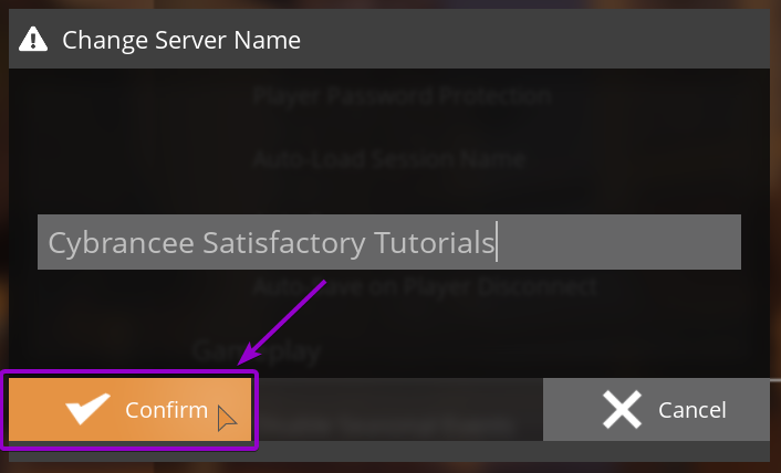 Confirming the server name change in the Server Settings tab in Satisfactory