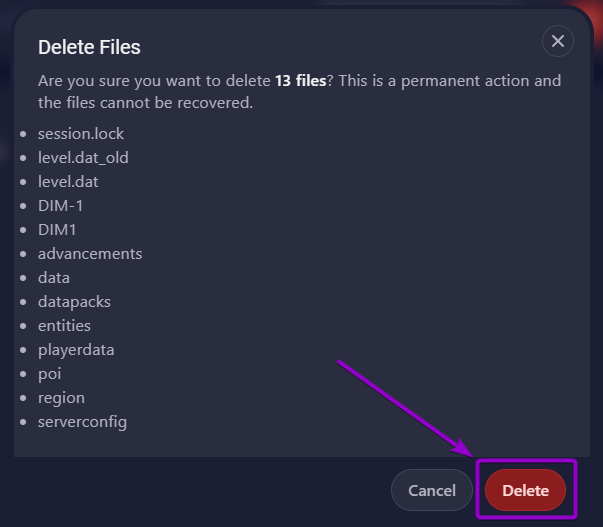 Confirming deletion of all files in the world folder.
