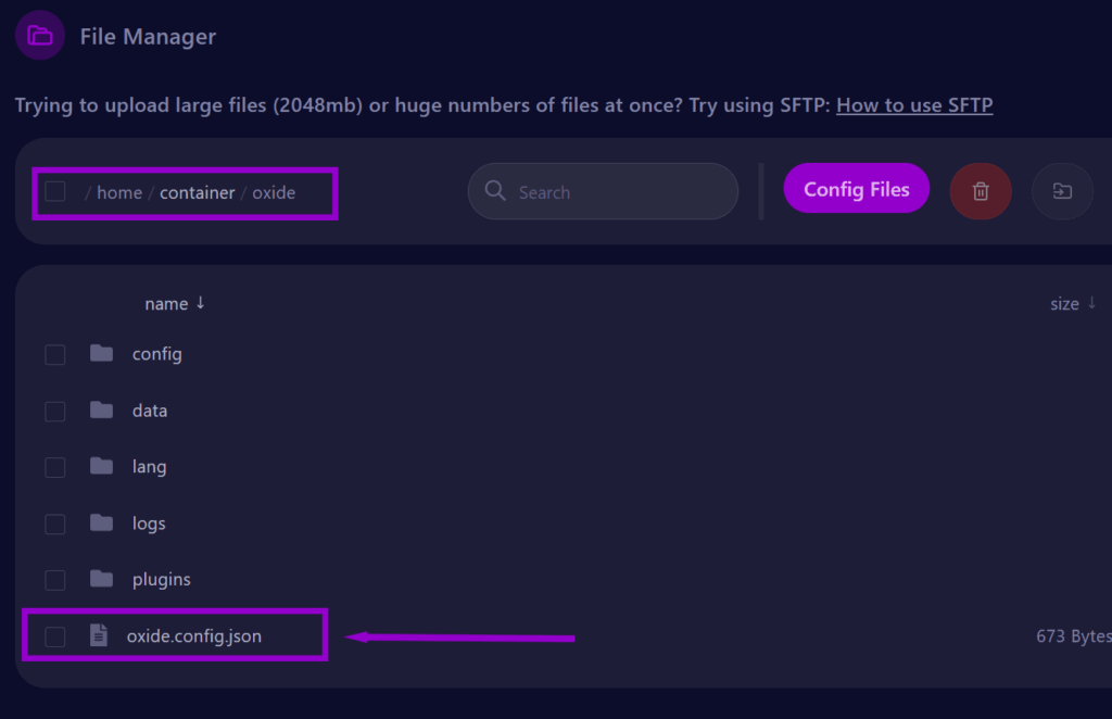 Cybrancee panel showing oxide folder path and oxide json file outlined