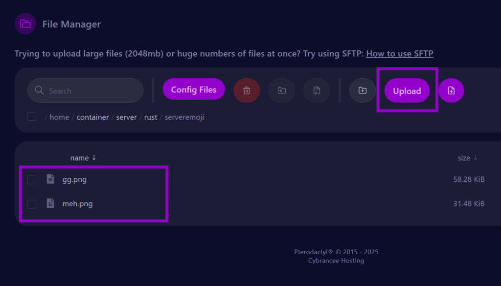 cybrancee panel files page with serveremoji folder, upload button, and files outlined