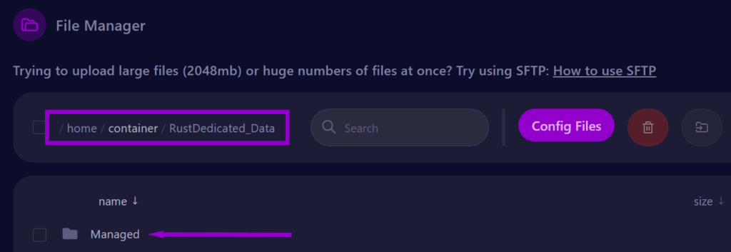 Cybrancee panel showing Rust dedicated data folder  path and managed folder outlined