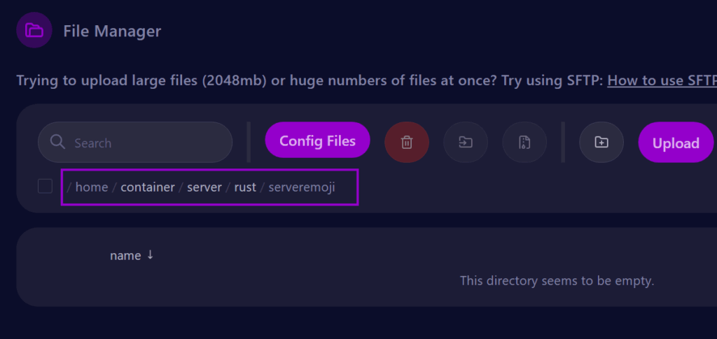 cybrancee panel files page with serveremoji folder path outlined