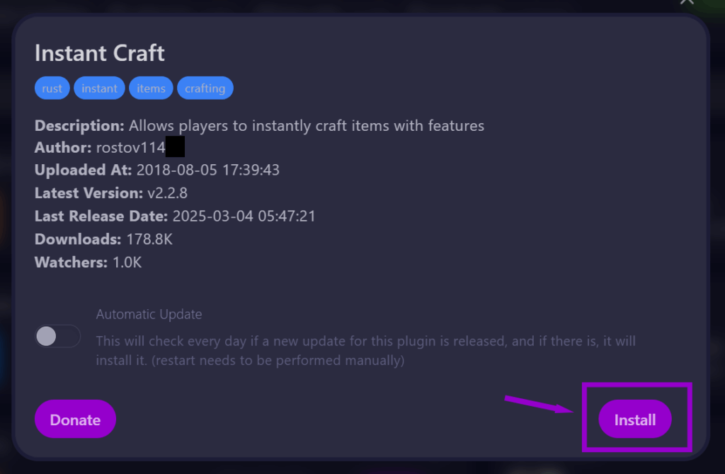cybrancee panel rust plugins autoinstall tab with instant craft popup install button outlined