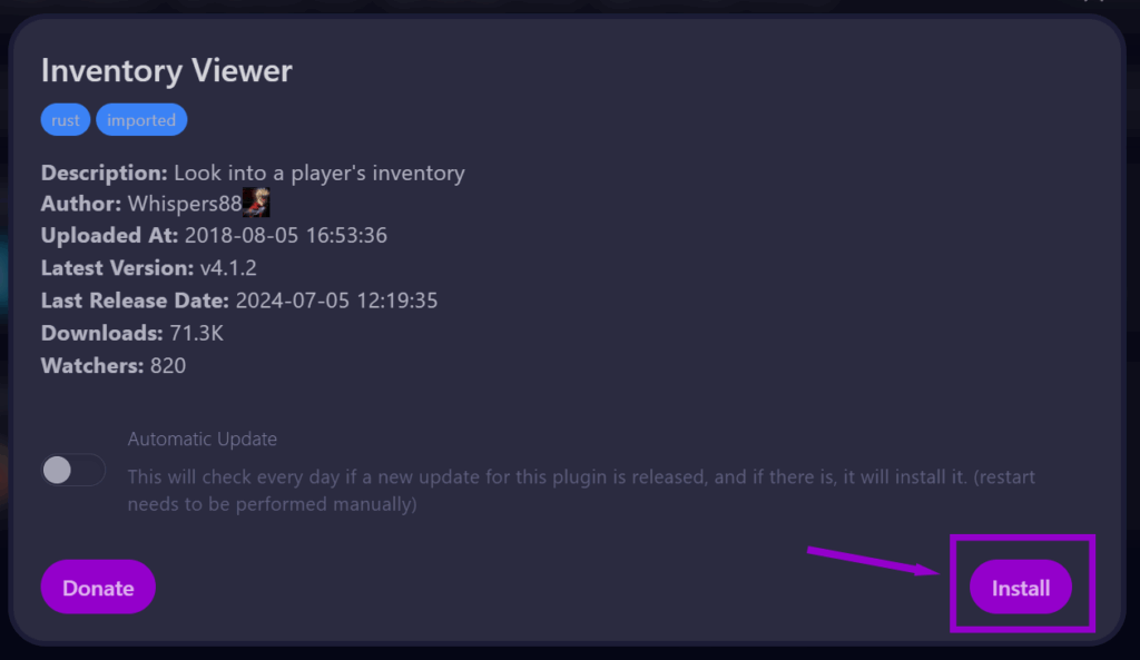 cybrancee panel rust plugins autoinstall tab with inventory viewer popup install button outlined