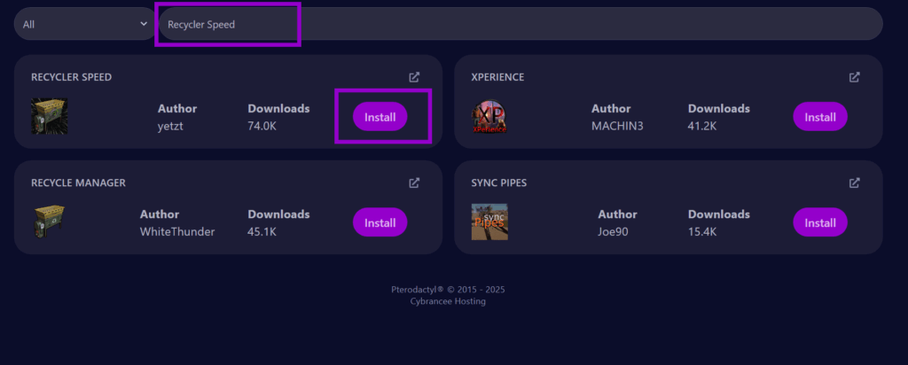 rust plugins install page in cybrancee panel with recycler speed install button outlined