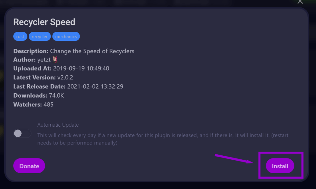 cybrancee panel rust plugins autoinstall tab with recycler speed popup install button outlined