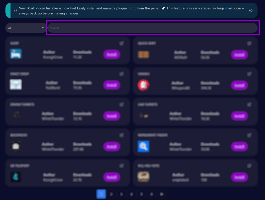 rust plugins install page in cybrancee panel with search bar outlined