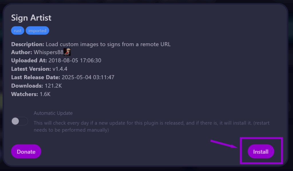cybrancee panel rust plugins autoinstall tab with sign artist popup install button outlined