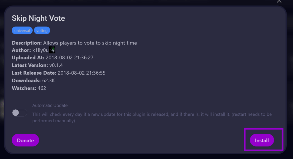 cybrancee panel rust plugins autoinstall tab with skip nigh vote popup install button outlined