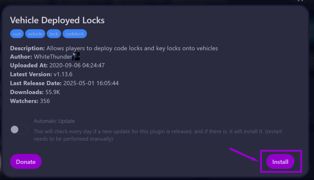 cybrancee panel rust plugins autoinstall tab with vehicle deployed lock popup install button outlined
