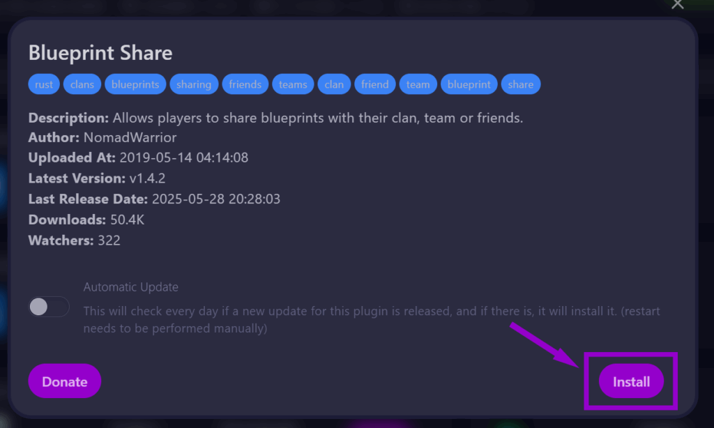 cybrancee panel rust plugins autoinstall tab with bgrade popup install button outlined